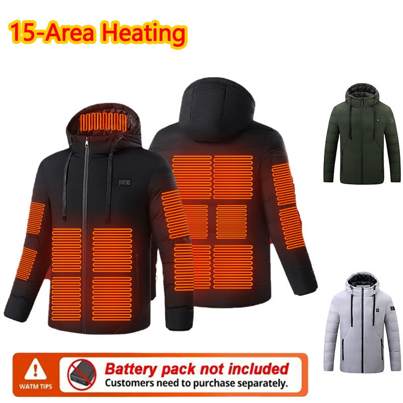 Outdoor Sport Winter Jacket - 15 エリア加熱式冬用フード付きジャケット男性用暖かい加熱ジャケット女性用アウトドアスポーツサーマルフード付きコート（パワーバンクは含まれません）