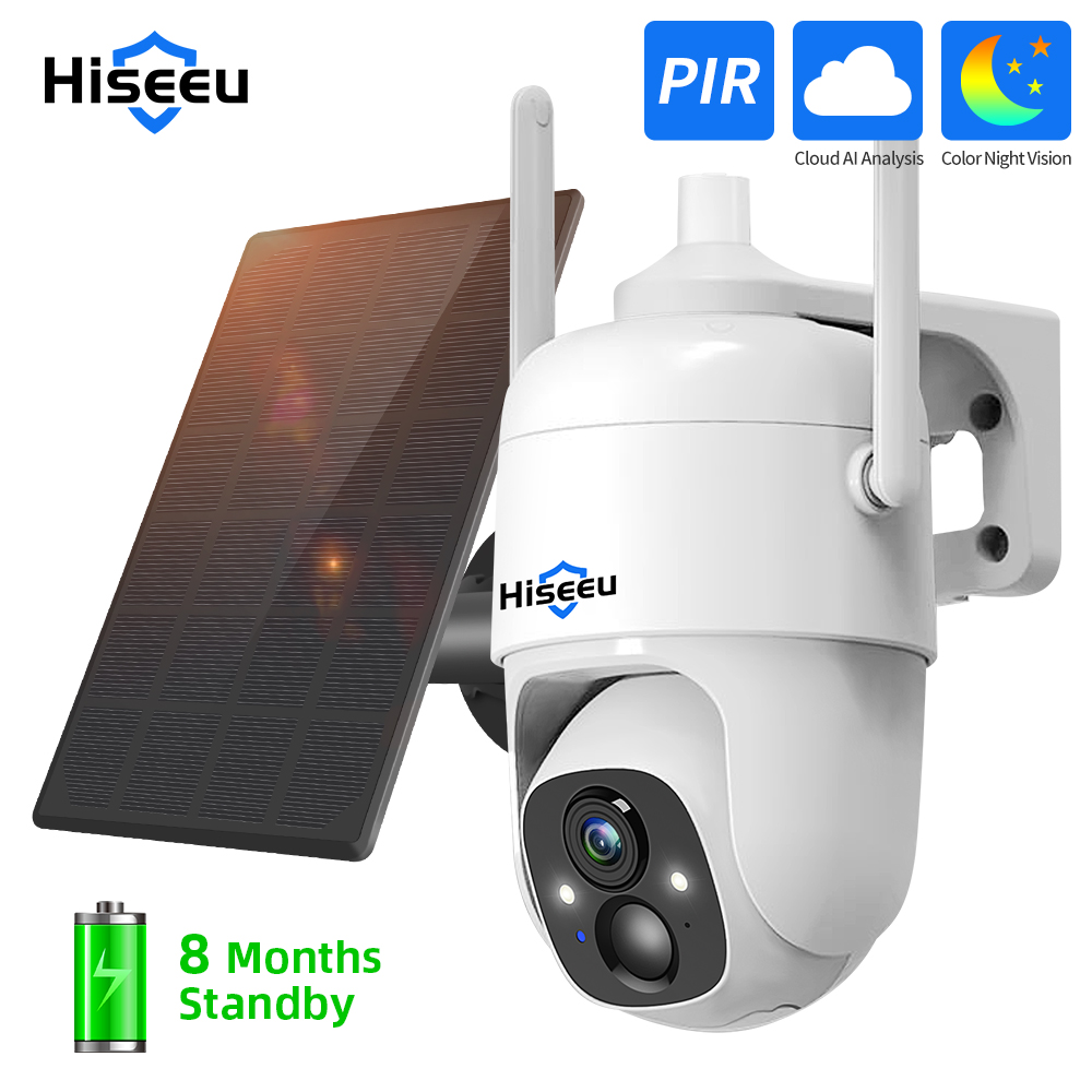 Outdoor Sport Camera - Hiseeu-屋外ビデオ監視カメラ,ワイヤレスセキュリティデバイス,3mpクラウド,AI,充電式バッテリー,ソーラーパネル付き