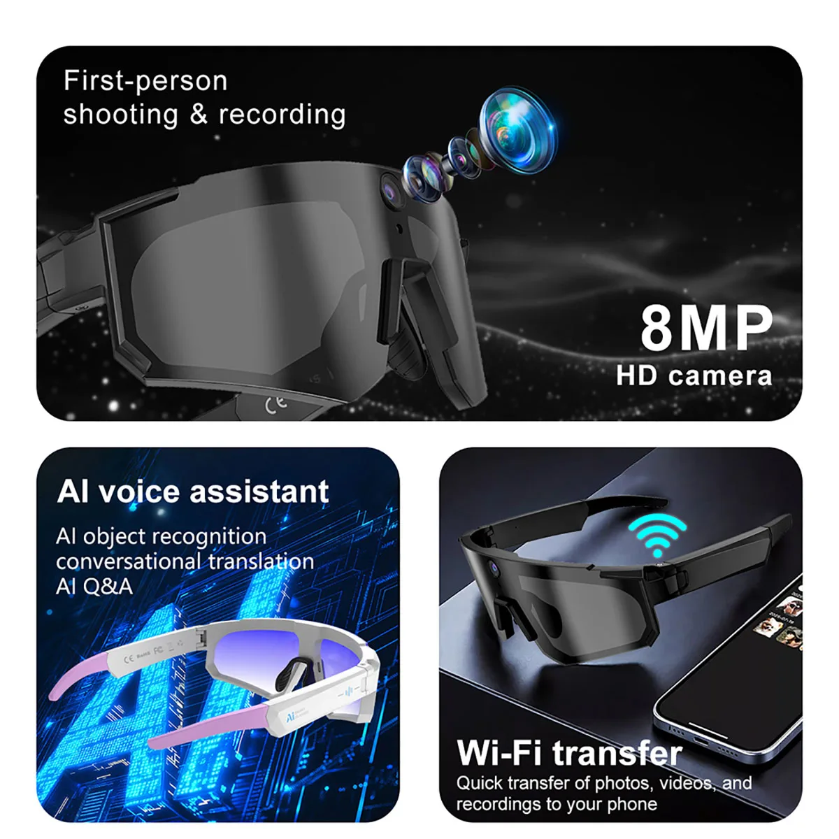 800W AIスマートカメラグラス 1080Pビデオ 手振れ - Outdoor Sport Camera のレビューと価格
